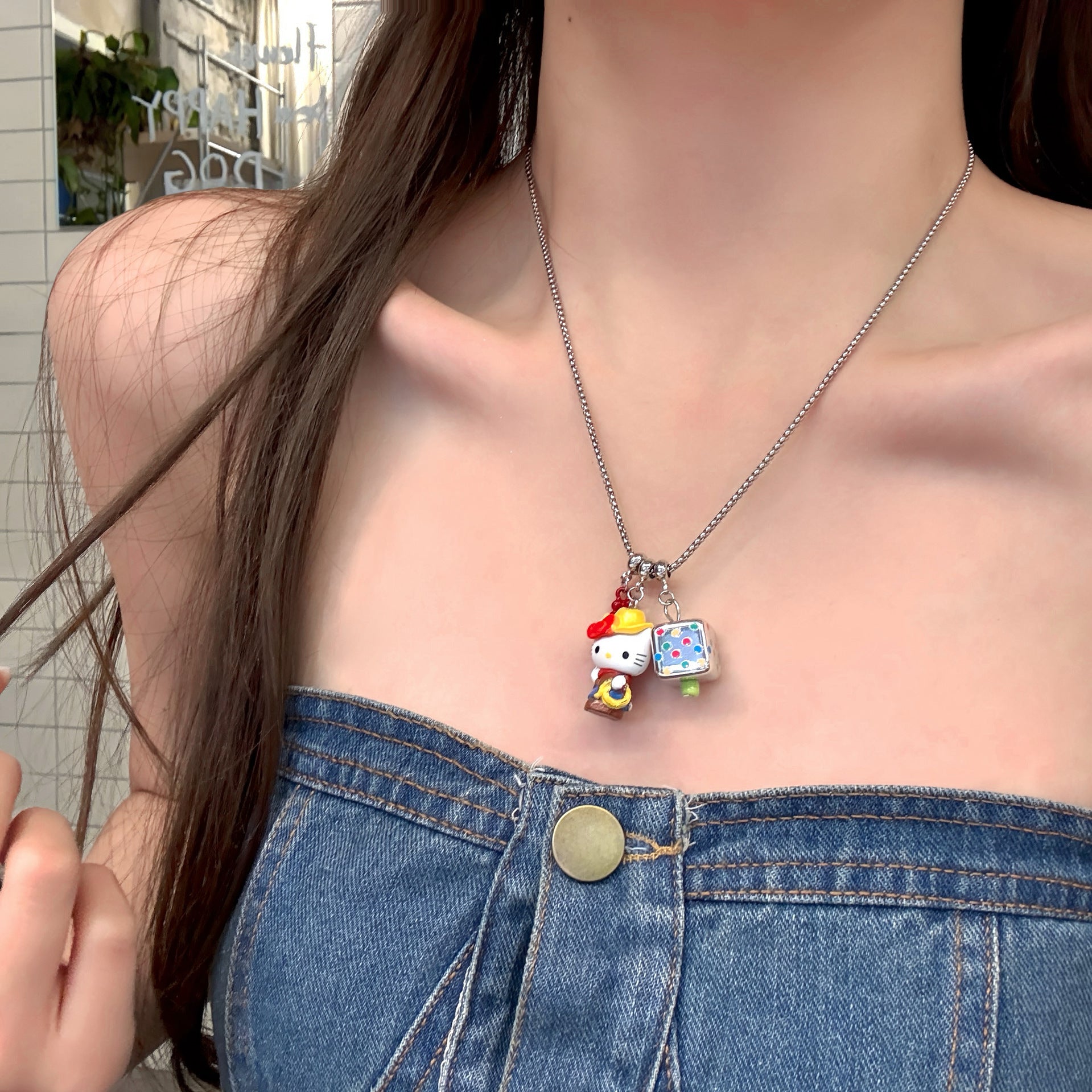 Wholesale Cute Cartoon Style Colorful Cat Dice Square Pendant Necklace
