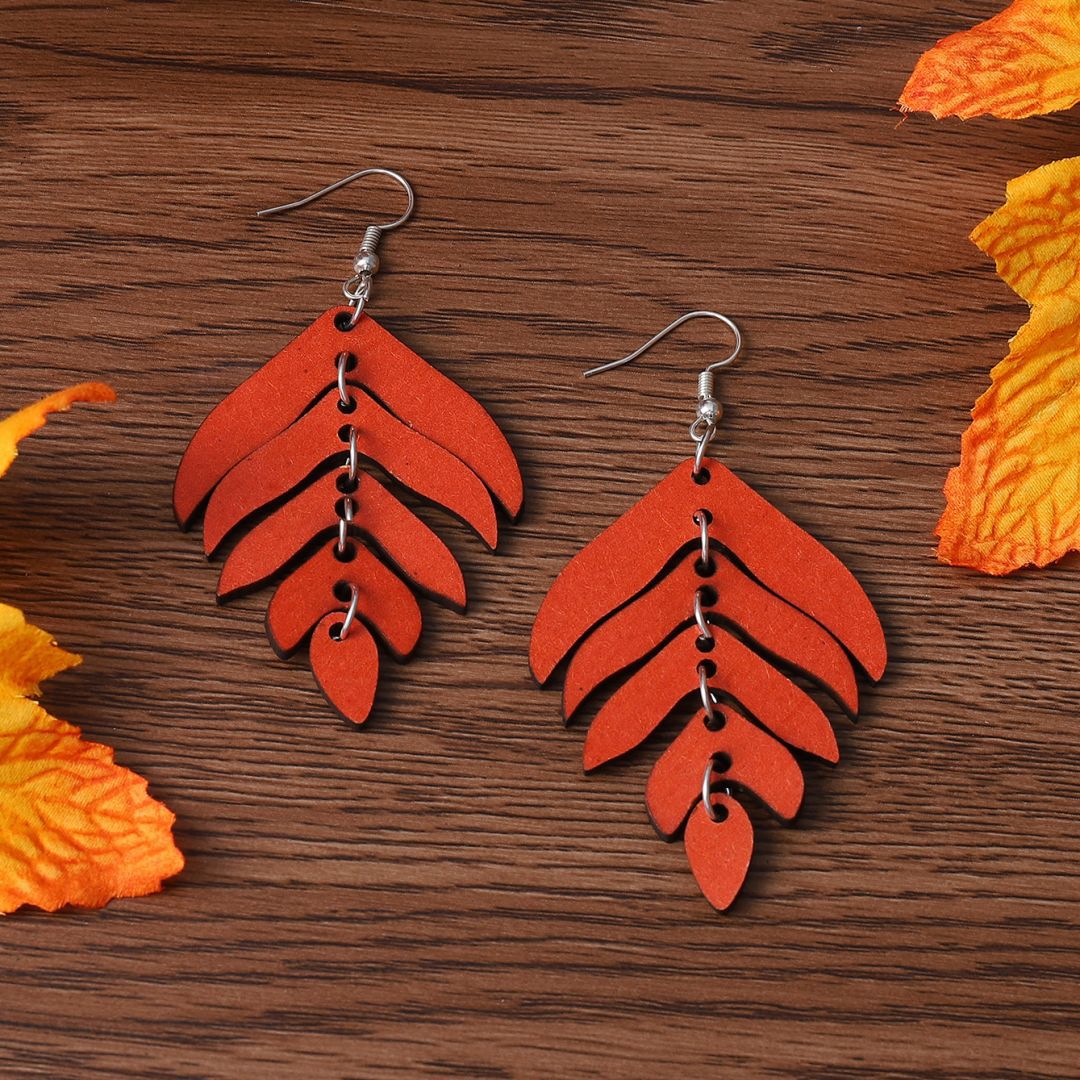 Wholesale Double-sided Wooden Earrings Bohemian Red Leaf Earrings