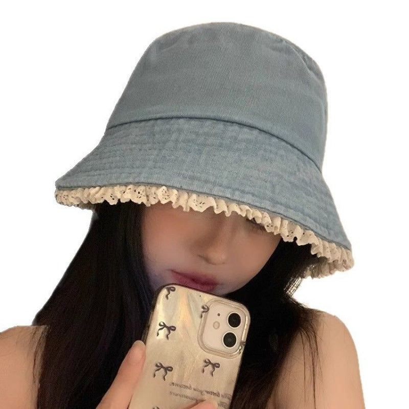 Wholesale Cute bucket hat with lace trim denim sun protection bucket hat
