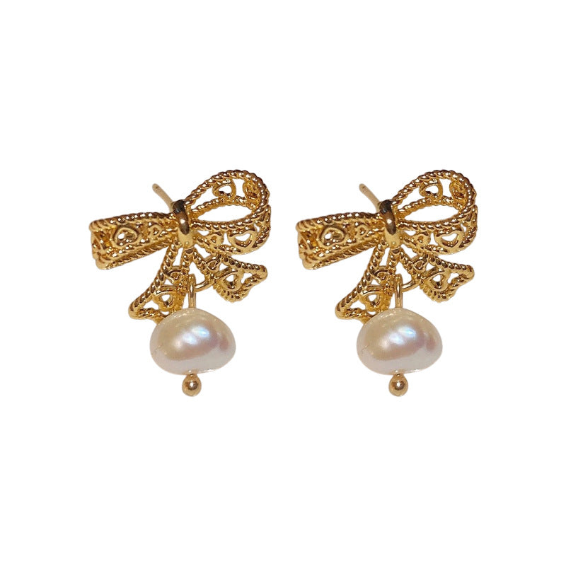 Wholesale Real Gold Plated Silver Needle Bow Pearl Earrings
