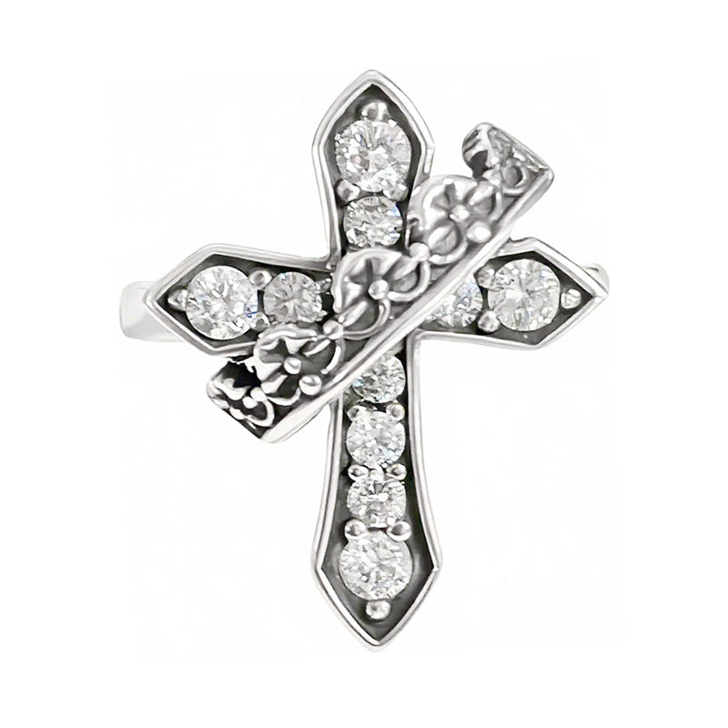 Wholesale Vintage Distressed Cross Ring Copper Zircon Stackable Fashion Accessory