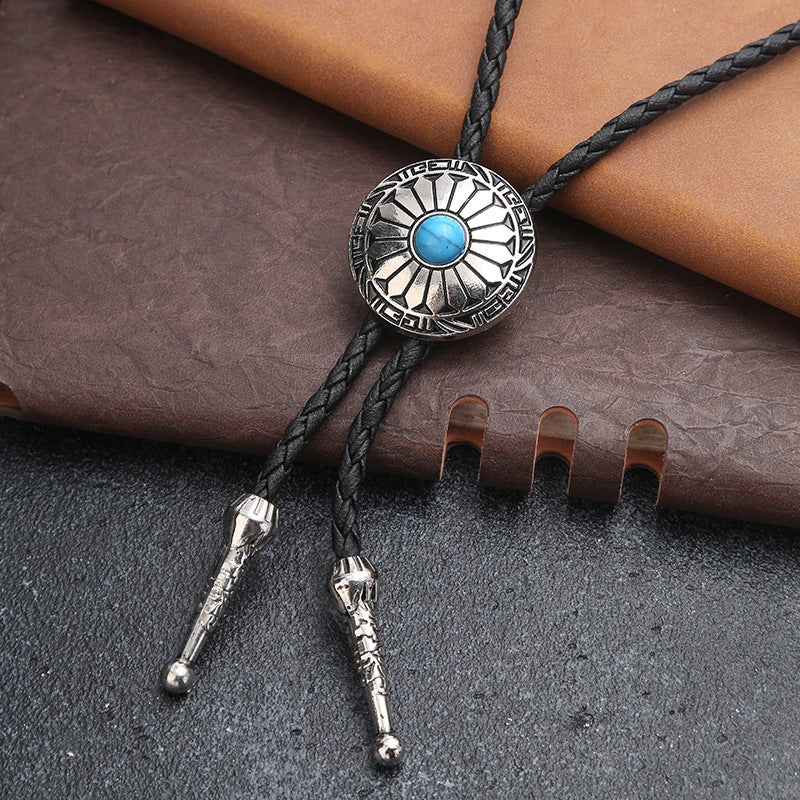 Wholesale Vintage Western Turquoise Lace Bolo Tie Necklace Unisex Alloy Leather Pendant Jewelry Accessory