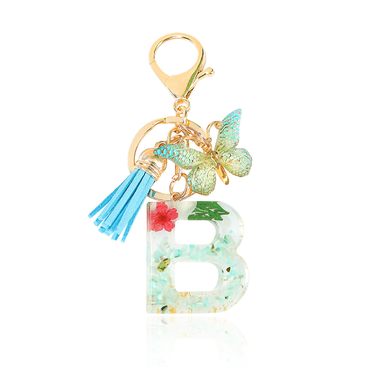 Wholesale Epoxy Green English Letter Dried Flower Crystal Keychain