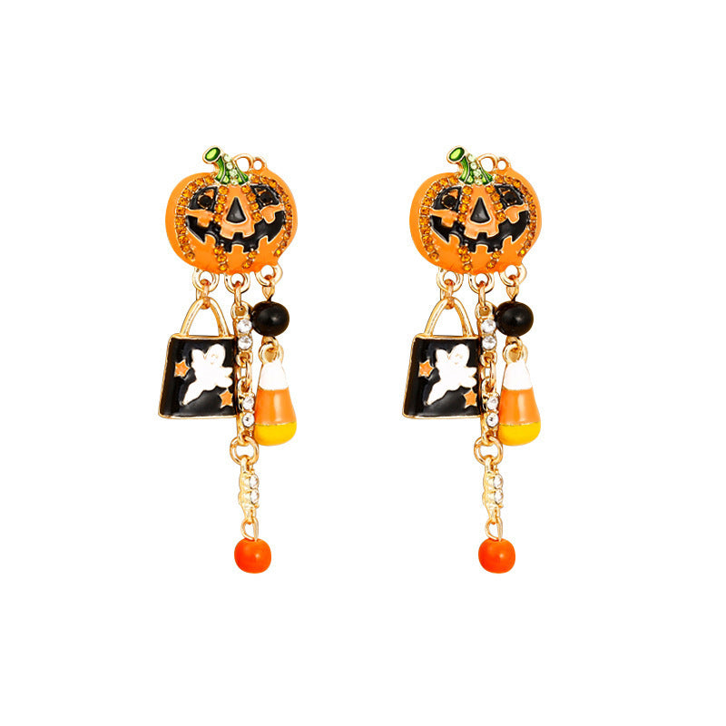 Wholesale Halloween drop oil Diamond pumpkin head ghost pendant earrings