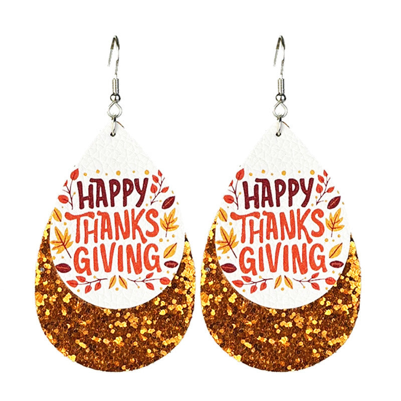 Wholesale 2 Pairs/pack Thanksgiving Day Leather Pumpkin Pie Coffee Turkey Shiny Leather Earrings ACC-ES-HY137
