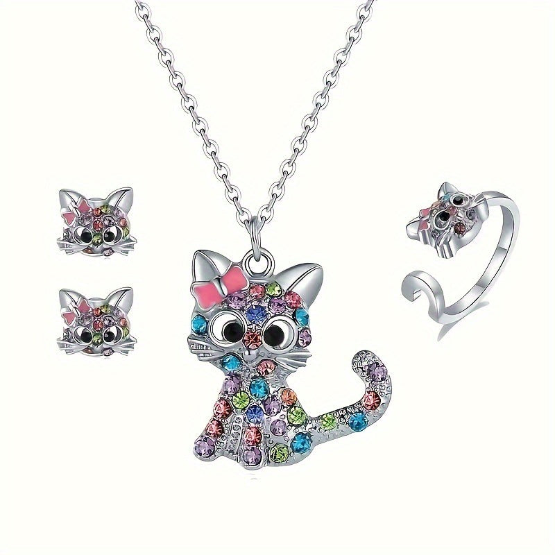 Wholesale Cartoon Colored Rhinestone Cat Alloy Earrings Necklace Ring ACC-NE-XunOu010