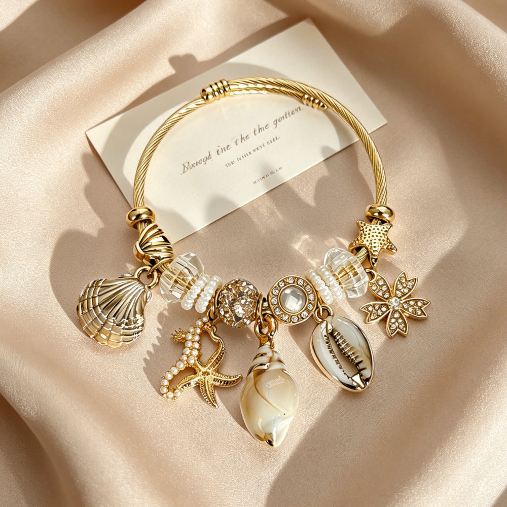 Wholesale Beach Style Stainless Steel Gold Shell Starfish Bracelet For Women Summer Vacation Jewelry Gift