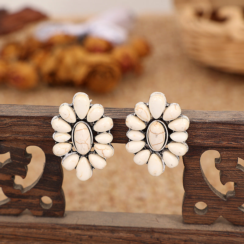 Wholesale alloy turquoise oil earrings geometric flower exaggerated earrings personality creative earrings