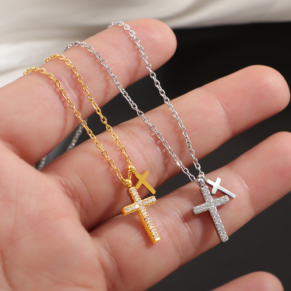 Wholesale Titanium Steel Diamond Cross Pendant Necklace Geometric Gold Jewelry Accessory Gift