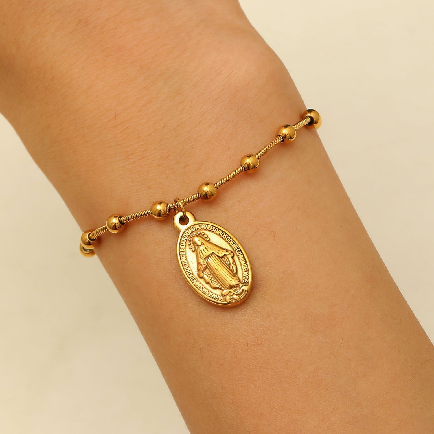 Wholesale Beaded Bracelet With Vintage Maria Cross Oval Pendant Stainless Steel Fashion Accessory For Women Everyday Wear