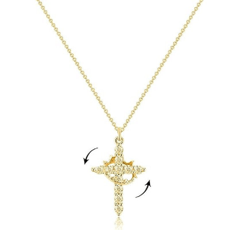 Wholesale Chic Cross Crown Rotatable Pendant Necklace,  Copper Zircon Gold Plated Jewelry Accessory for Resale
