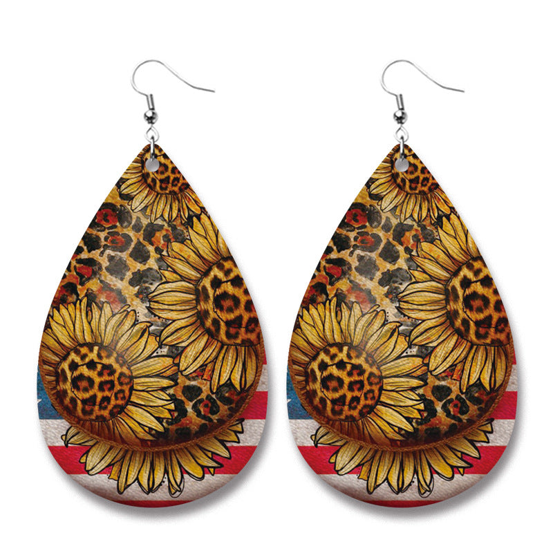 Wholesale Christmas Farm Cow Sheep Animal Western Style Sunflower Retro PU Leather Earrings ACC-ES-HY109