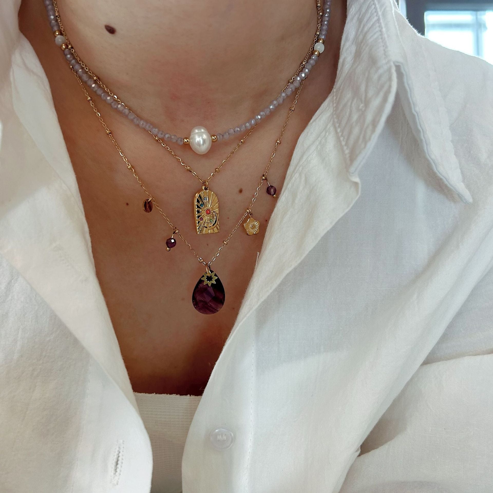 Wholesale Stainless Steel Handmade Natural Stone Pearl Guardian Beaded Necklace