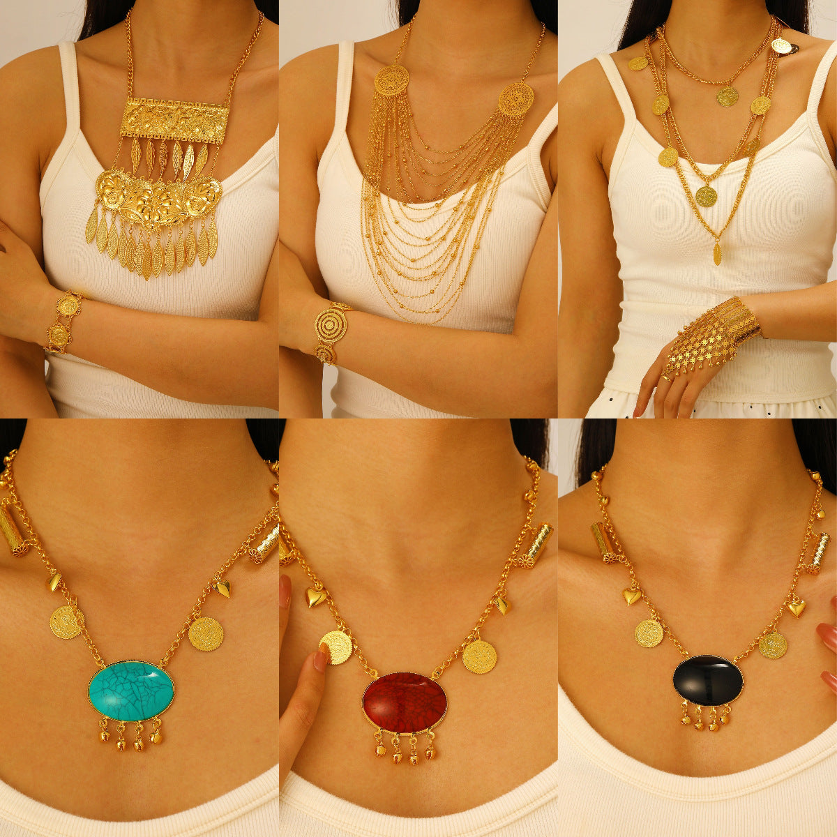 Wholesale Retro Middle Eastern Ethnic Style Layered Necklace And Bracelet Set Gold Tone Alloy Jewelry Accessory For Boutique Resale