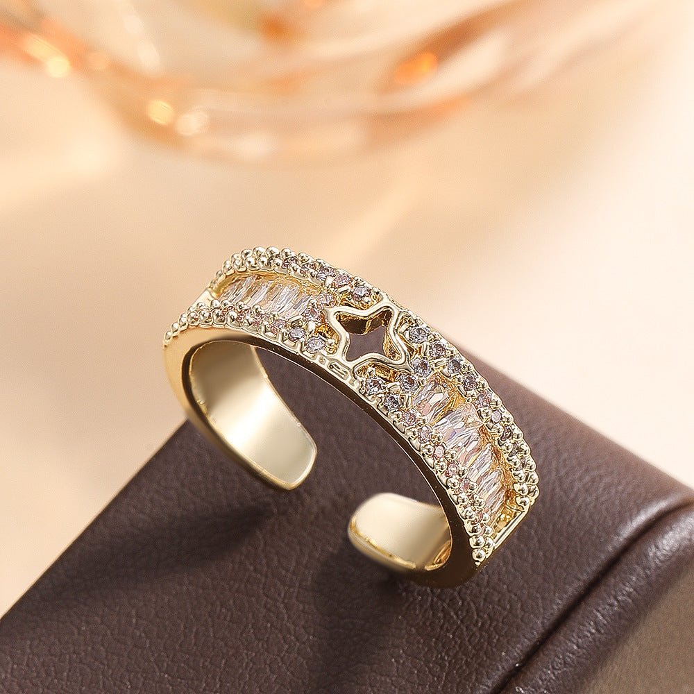 Wholesale Gold C Shape Round Bead Ring Open Adjustable Copper Zircon Jewelry Accessory Trendy Boutique Gift