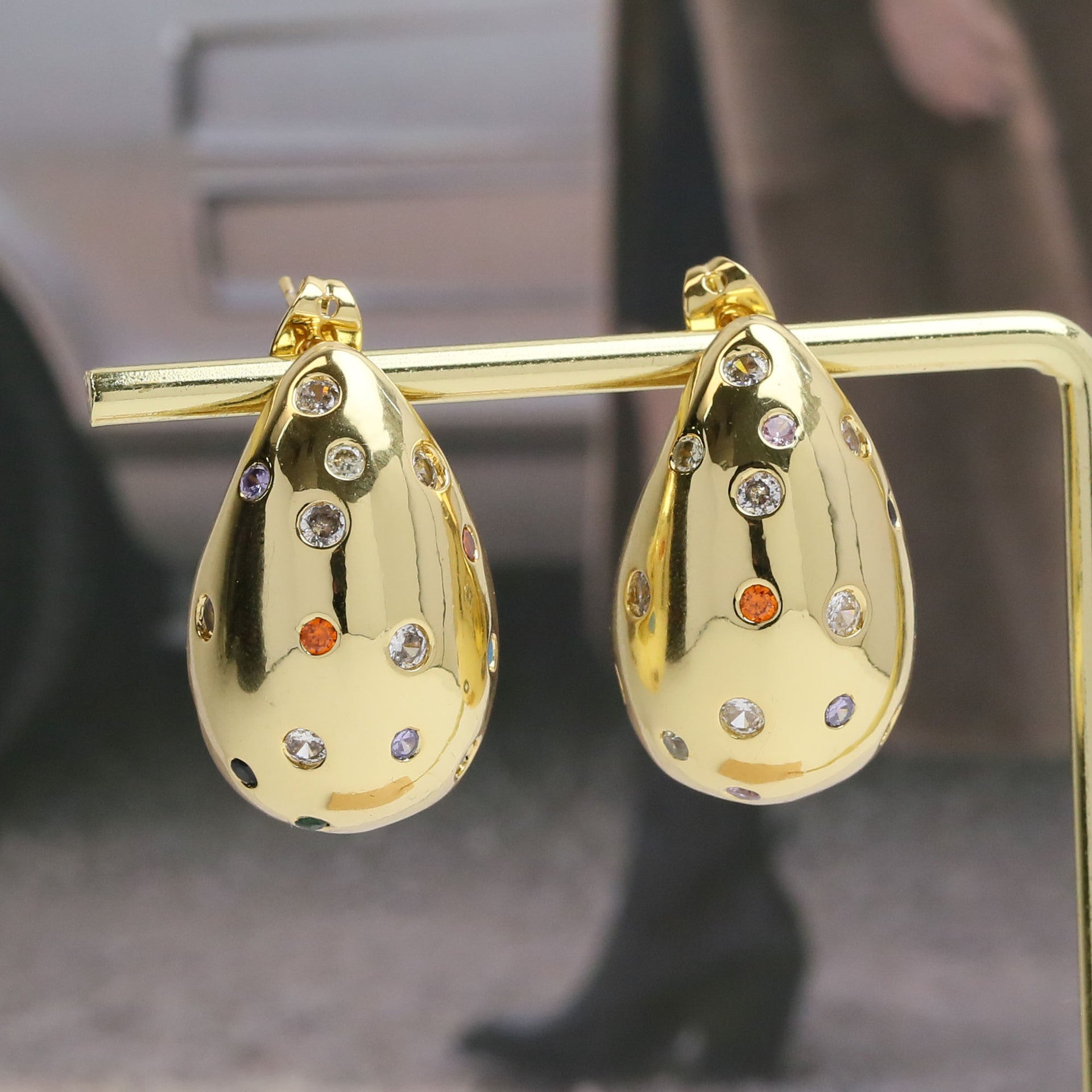 Wholesale  18k Gold Brass Mixed Color Zircon Drop Teardrop Earrings