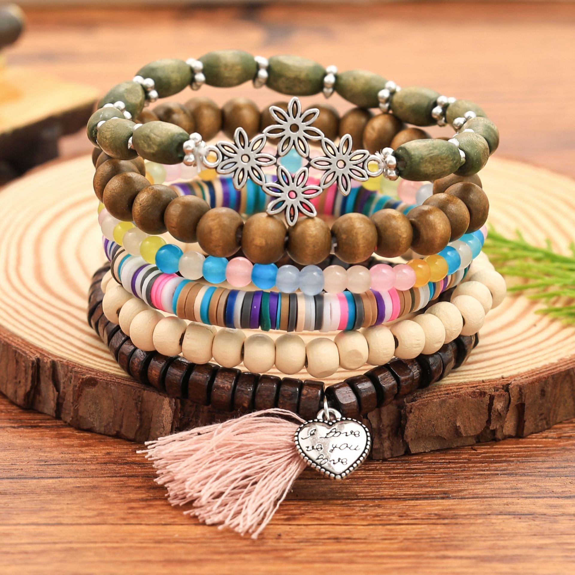 Wholesale Bohemian  Shell Wood Beads Beaded Soft y Pearl Stone Leather Bracelet