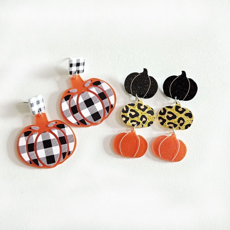 Wholesale Acrylic Plaid Leopard Pumpkin Earrings Fashion Jewelry Accessory for Autumn