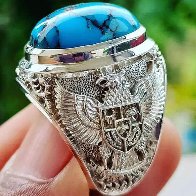 Wholesale alloy silver-plated turquoise retro double-headed eagle ring