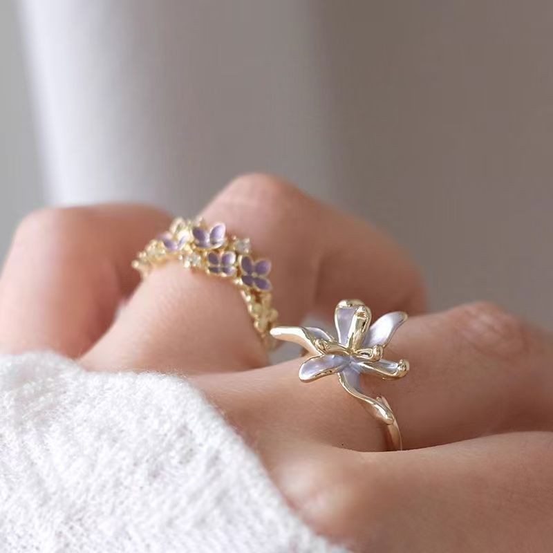 Wholesale Alloy Enamel Open Ring With Purple Iris Flower And Butterfly Women S Fashion Jewelry Accessory