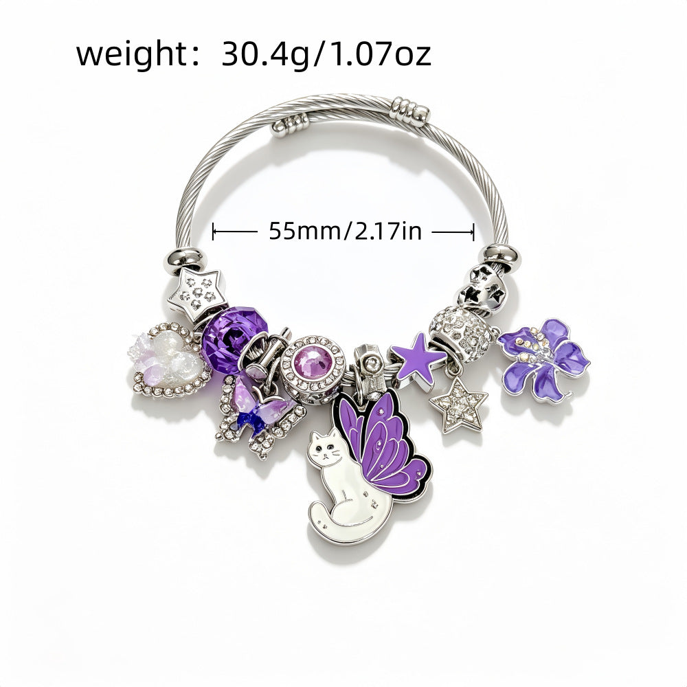 Wholesale Dreamy Purple Cat Design Beaded Bracelet Stainless Steel With Star Butterfly Flower Charms Fashion Accessory Gift