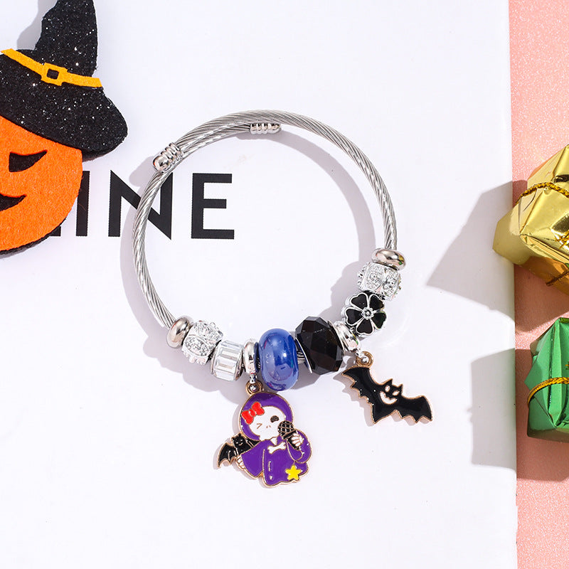 Wholesale Halloween Bat Ghost Witch Alloy Pendant Stainless Steel Bracelet ACC-BT-QingLian007