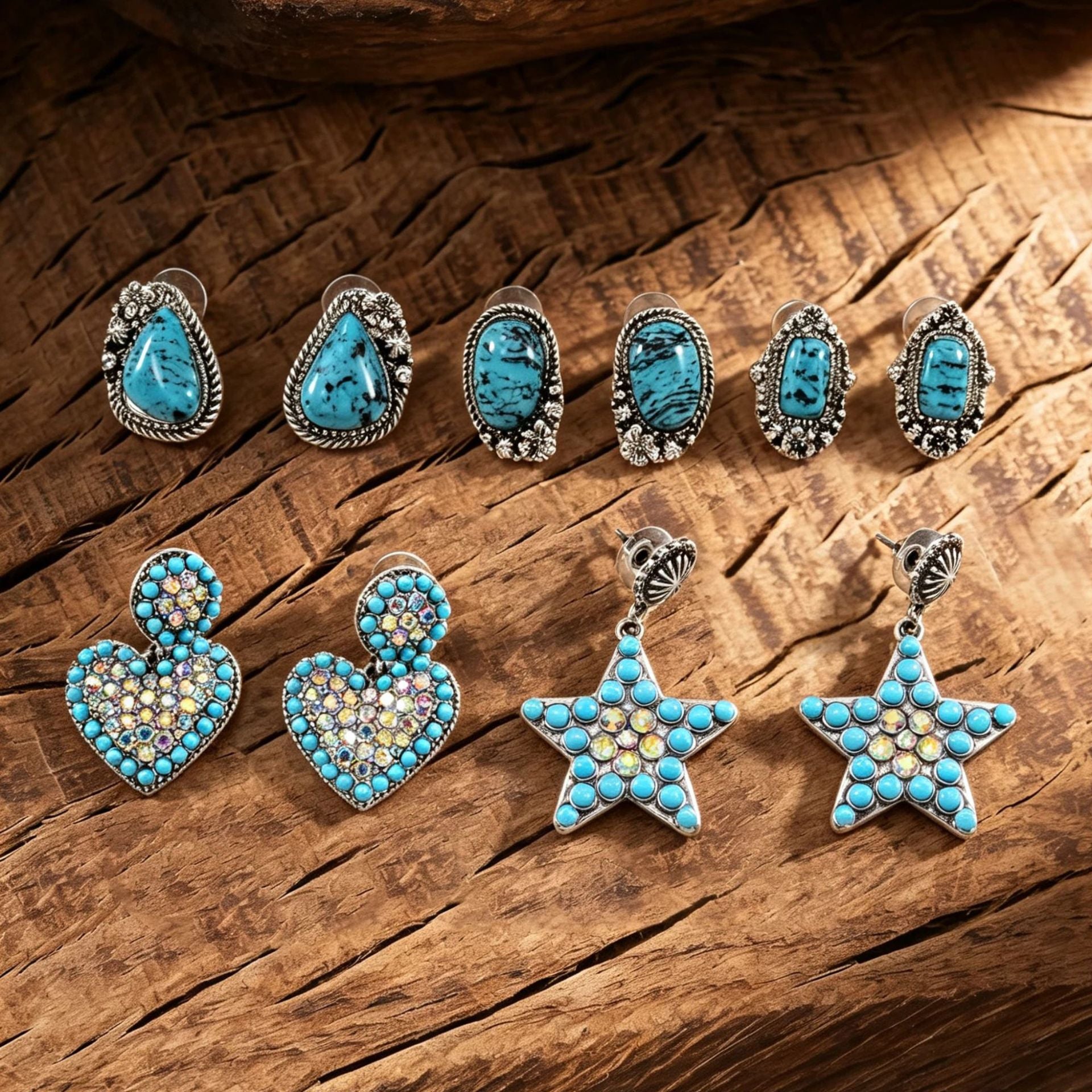 Wholesale Retro Turquoise Jewelry Set Ethnic Style Distressed Earrings Ring Bracelet For Women Gift Resale Accessory