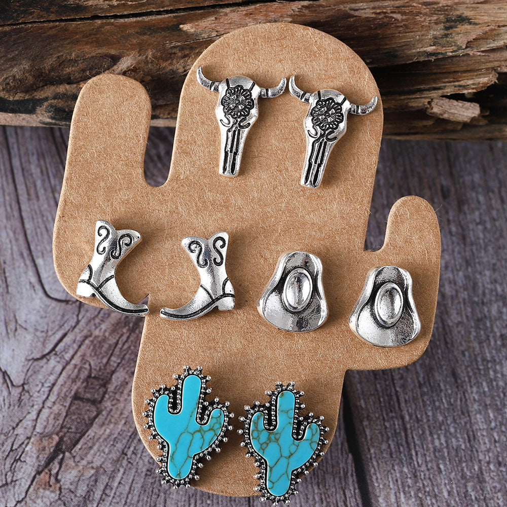 Wholesale Boots Hat Earrings Turquoise Cactus Four-piece suit