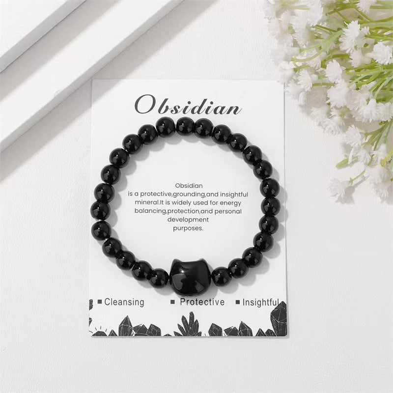 Wholesale Cat Head Natural Stone Bracelet Unisex Elastic String Handmade Jewelry Accessory For Resale