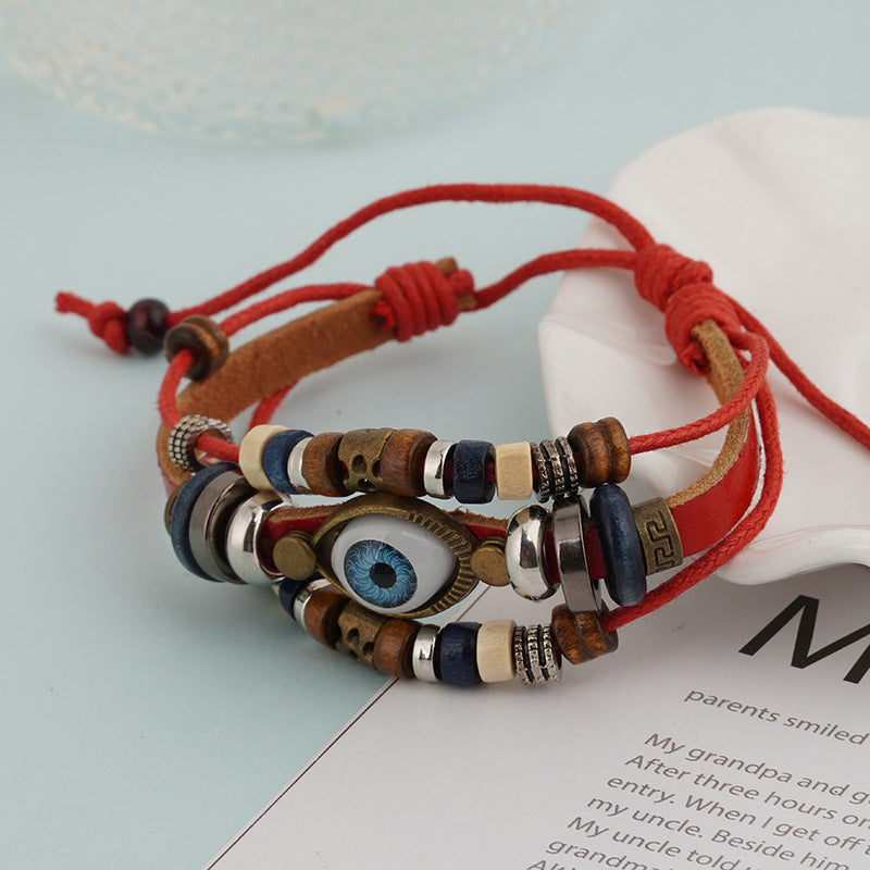 Wholesale Vintage Multi-layered Cowhide Eye Braided Bracelet Leather Layered Bracelet Set ACC-BT-Pufei004