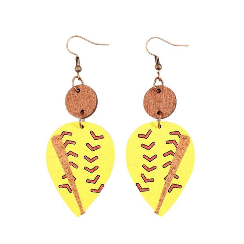 Wholesale Sports style teardrop-shaped printed baseball stitching wooden earrings