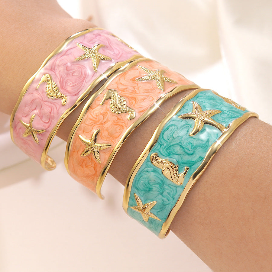 Wholesale Stainless Steel Drip Oil Open Bangle Bracelet with Seahorse Starfish Design - Casual Vacation Style Fashion Accessory for Gift and Boutique Resale