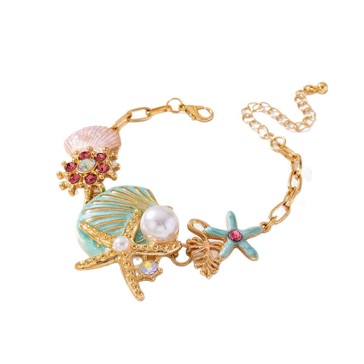 Wholesale Ocean Beach Style Starfish Shell Pearl Bracelet With Rhinestone Flower Pendant Blue Zinc Alloy Women S Vacation Jewelry Accessory