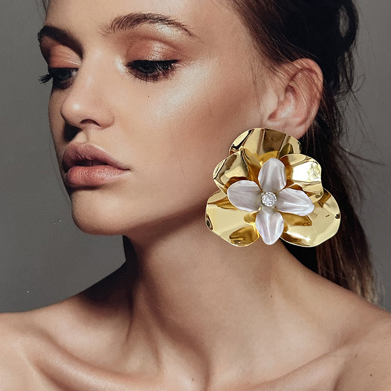 Wholesale  Retro  Metal Bright Pleated Double-layer Three-dimensional Petal Flower Earrings