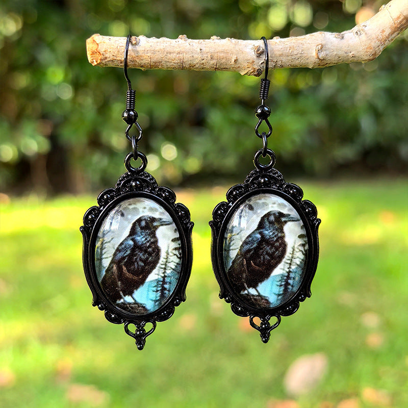 Wholesale Halloween Black Crow Time Gemstone Pendant Earrings