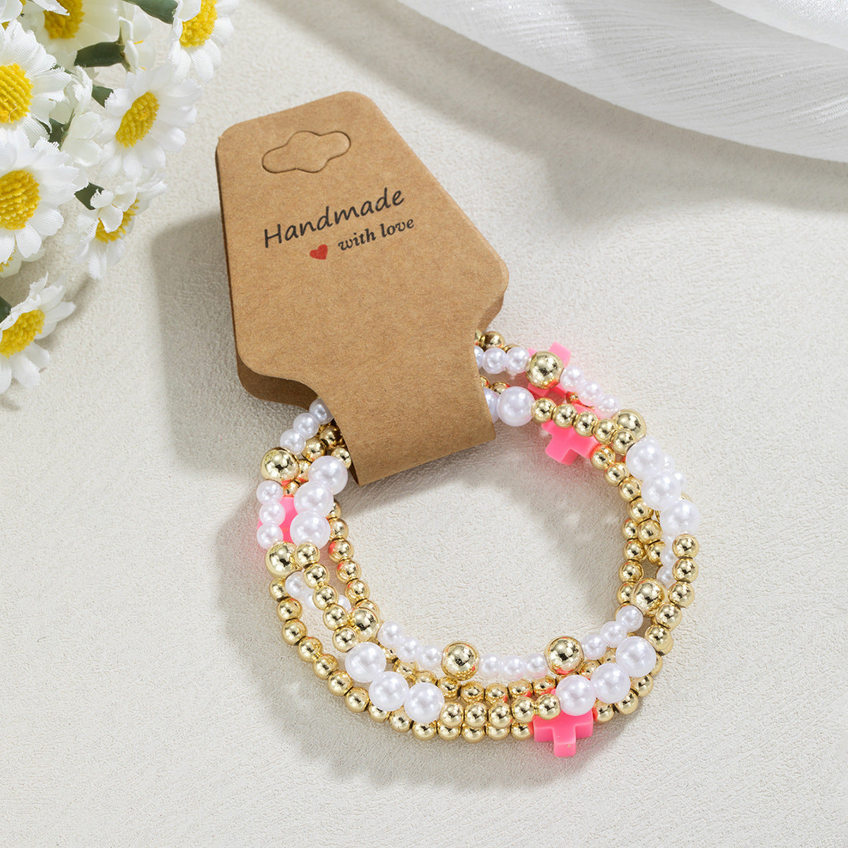 Wholesale  personality resin cross pearl  beaded elastic kraft paper bracelet