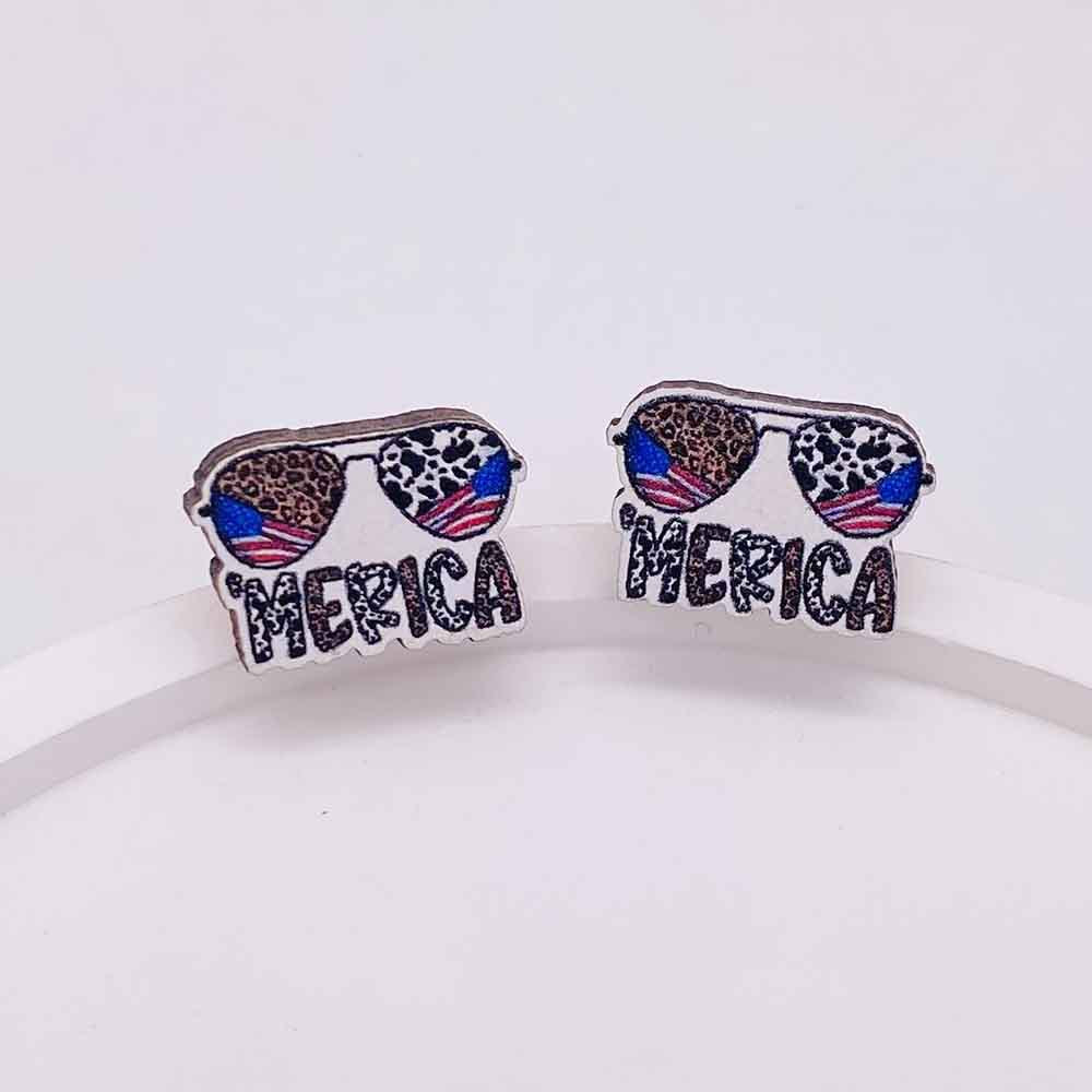 Wholesale American Flag Independence Day Wooden Stud Earrings Heart Shape Pentagram Sunflower Earrings ACC-ES-Cheny007