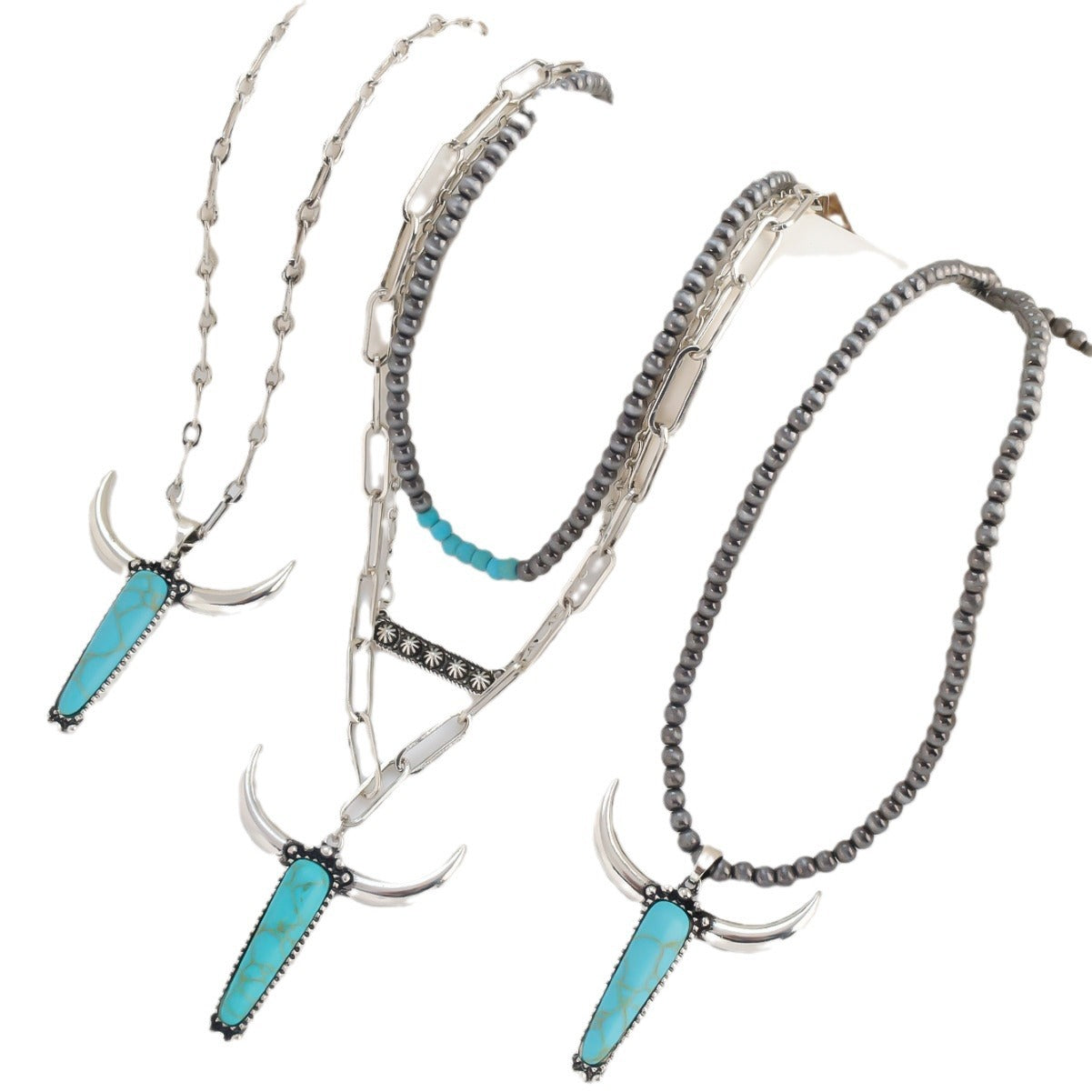 Wholesale Western Style Turquoise Bull Head Multi-layer Necklace ACC-NE-Xilu004