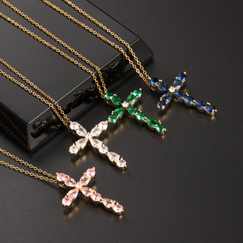 Wholesale Copper Electroplated Cross Pendant Necklace Colorful Zircon Geometric Religious Faith Fashion Accessory
