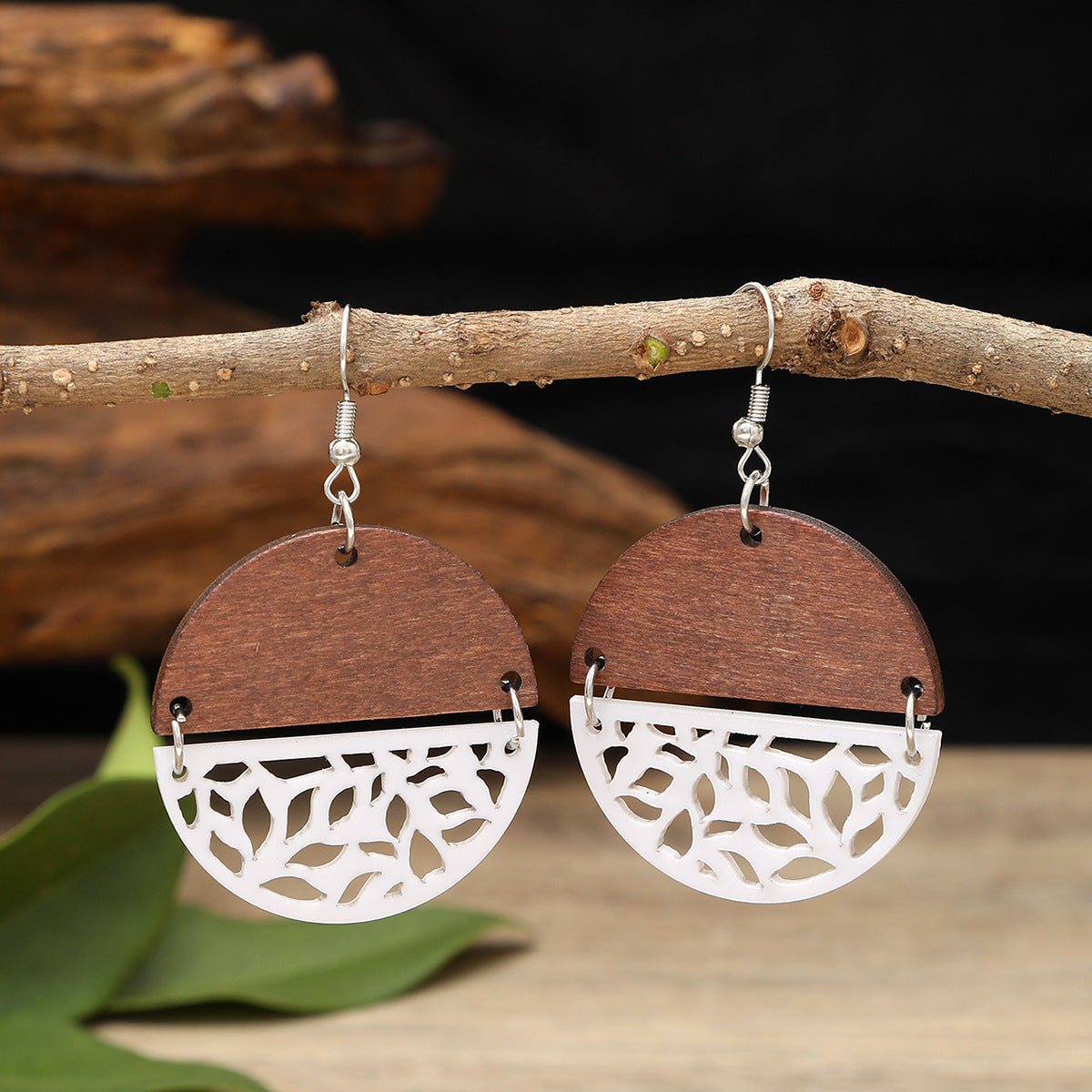 Wholesale  Wooden Hollow Acrylic Round Stitching Bohemian Earrings