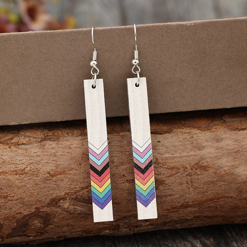 Wholesale  Geometric Rectangular Printed Rainbow Pattern Wooden  Moon Retro Earrings