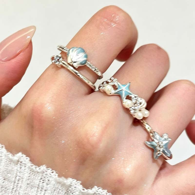 Wholesale Stylish Blue Starfish Shell Open Ring For Women Seaside Vacation Adjustable Size Zinc Alloy Jewelry Gift