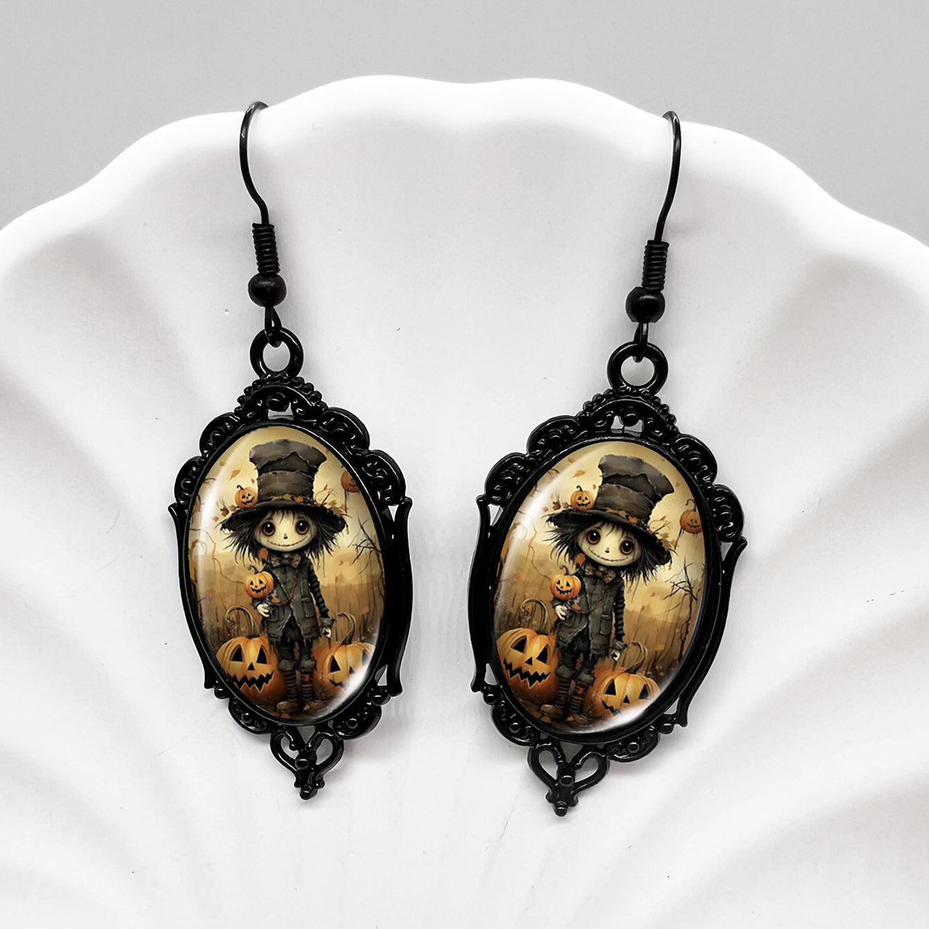 Wholesale Halloween Crow Skull Oval Lace Witch Pumpkin Black Cat Moon Metal Earrings ACCVIP-ES-XiangLian006