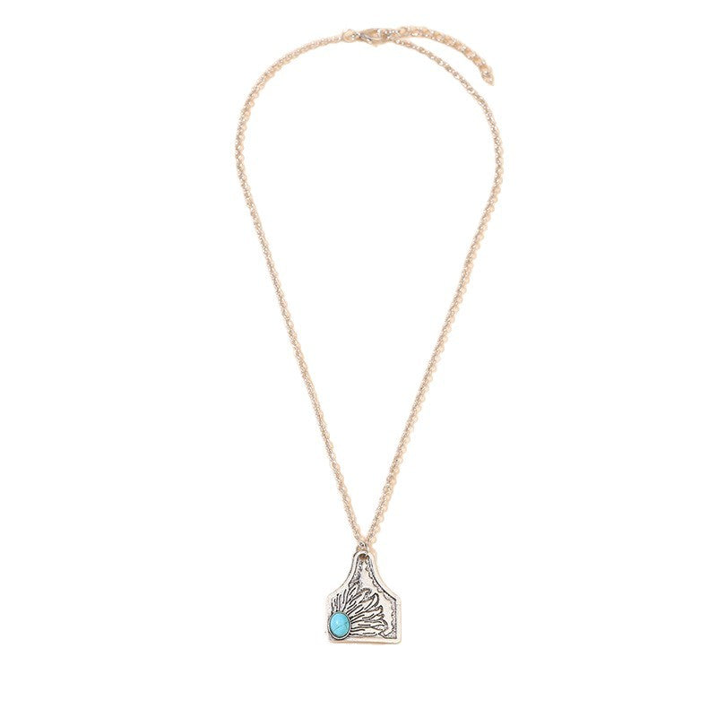 Wholesale Retro Bohemian Turquoise Pendant Necklace For Women Silver Tone Alloy Trendy Jewelry Accessory Gift Boutique Resale