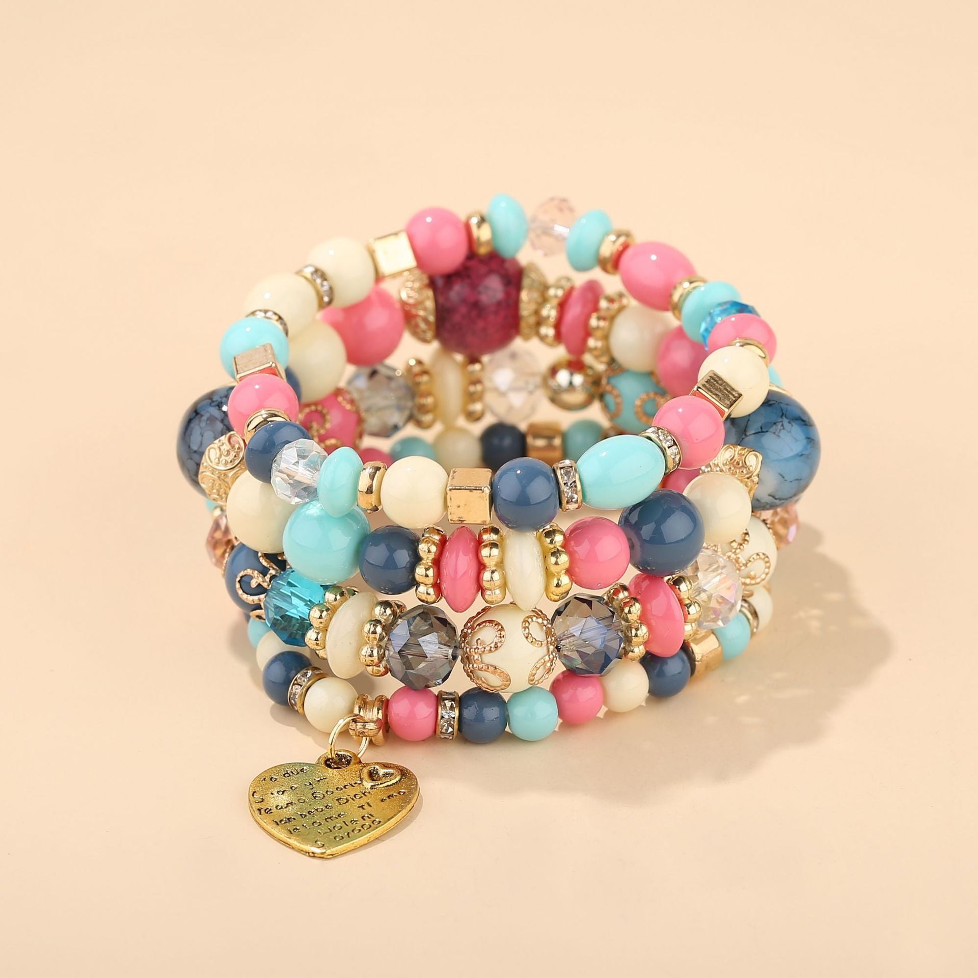 Wholesale Boho Bohemian Multi-Layer Crystal Heart Beaded Bracelet,  Fashion Jewelry Accessory for Women,  Gift for Boutique Resale