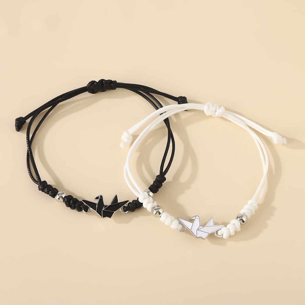 Wholesale Handmade Woven Rope Couple Bracelet Peace Dove Pendant Black White Paper Crane Design Casual Fashion Jewelry Accessory