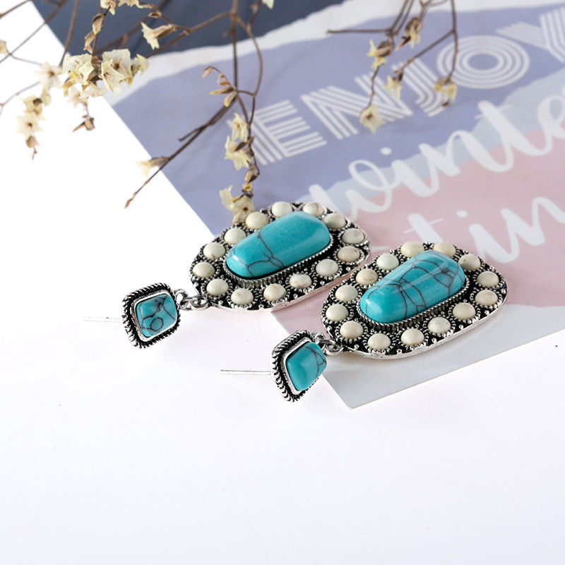 Wholesale Retro Turquoise Earrings Geometric Silver Tone Dangle Design Fashion Accessory for Party Gift
