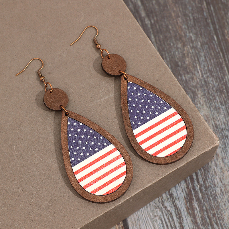 Wholesale Independence Day teardrop-shaped striped five-pointed star wooden earrings