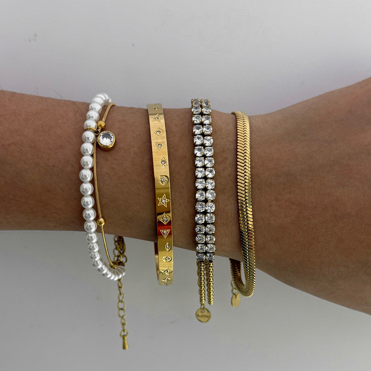 Wholesale Pearl Zircon Bracelet suit Stainless Steel Stowable Double-layer Bracelet