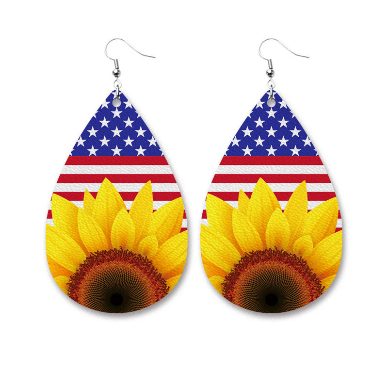 Wholesale 2 Pairs/pack American Independence Day Heart Shape Drop Shape Sunflower Cross Leather Earrings ACC-ES-HY051